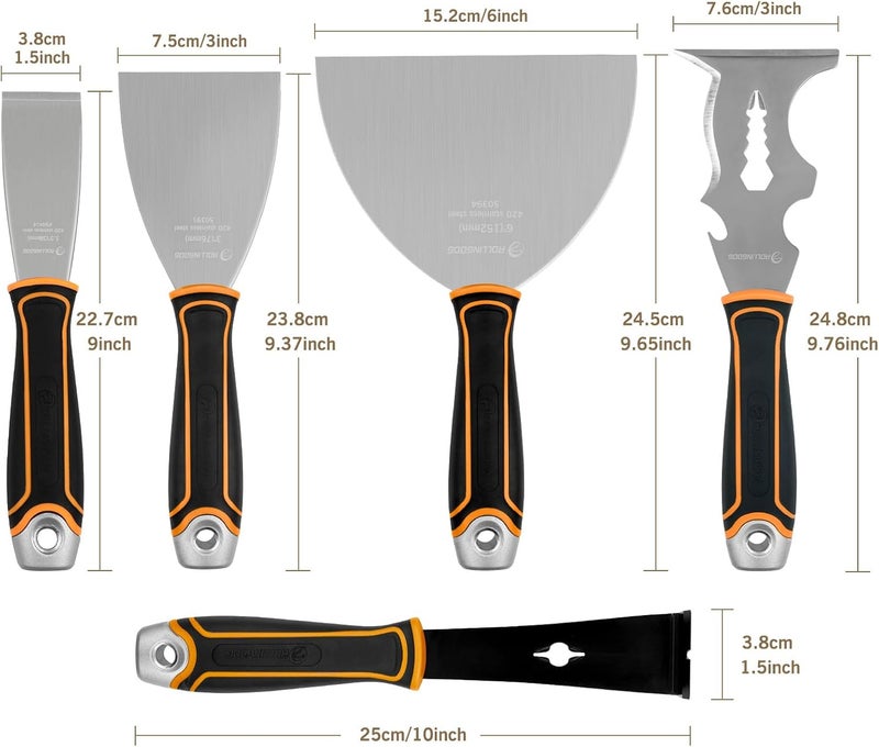Rolling Dog 5 PC Drywall Repair Knife Set - Include Putty Knife Needed for Drywall Work (1.5" Stiff Blade Scraper, 1.5" Pry Bar, 14-1 Mutil Painter's tool,3" and 6" Flexible Putty Knife) - Image 2